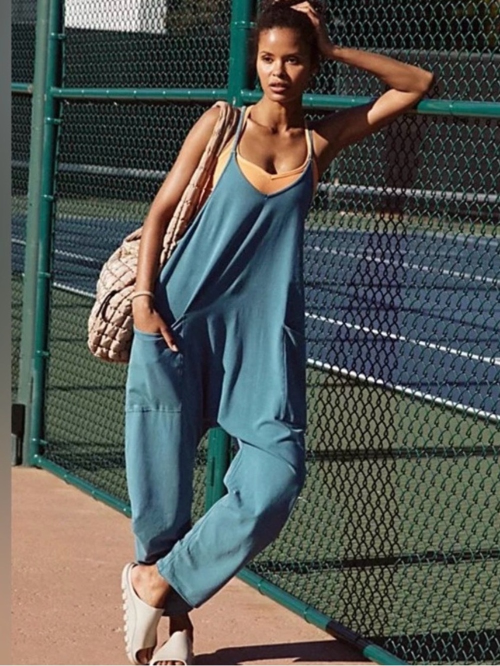 Free People Teal hot shot onesie Relaxed Harem Jumpsuit with Pockets